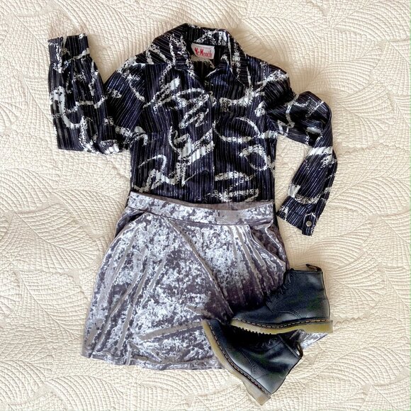 VTG 70s Disco Black/White/Metallic Butterfly Collar Long Sleeve Blouse Mr. Mench - Picture 3 of 11